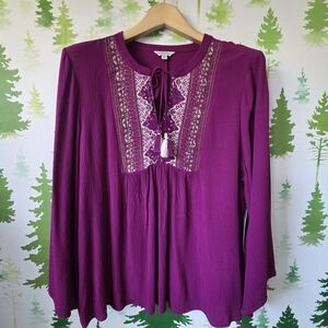 Frye & Co Split Neck Embellished Long Sleeve Blouse